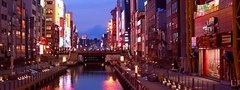 Осака, Япония, ночь, канал, мост, огни, дома