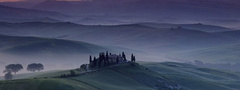 Италия, холмы, поля, утро, туман, домик