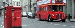 Лондон, англия, автобус, мусорный бак, улица, город, пасмурно, автомобили