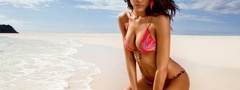 Jenna Pietersen, пляж, берег, море, песок, небо, облака, грудь, девушка, ку ...