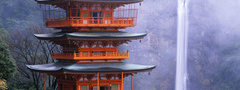 храм, япония, водопад