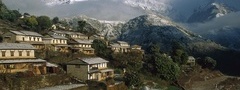 анапурна, гора, непал, азия, дома, вид, деревня, храм