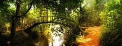 парк, лес, тропинка, деревья, река, мостик