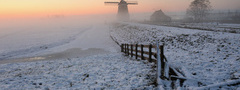 поле, зима, туман, мельница, красота