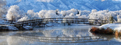 природа, зима, снег, иней, река, мост, горы