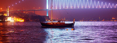 ночь, вода, лодка, мост