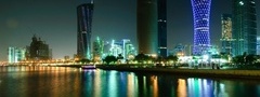night, city, lights, skyscrapers, sea, doha, Qatar