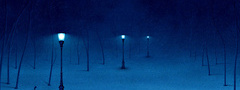 природа, зима, ночь, парк, фонари, скамейка, снег
