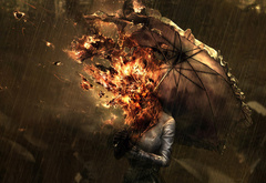 Ryohei Hase, девушка, зонт, огонь