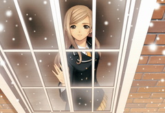 аниме, зима, снег, девушка, окна