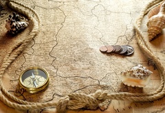 монеты, веревка, компас, карта