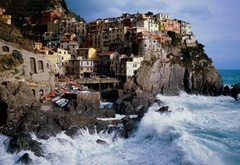 Италия, побережье, дома, море, прибой, волна, скалы