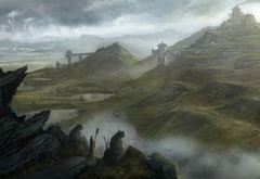 dragon age 2, Сандермаунт, пейзаж, горы, мабари, статуи, город, холмы, облака