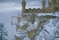 замок, хогвартс, зима, снег, скала