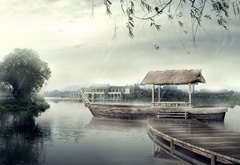 япония, природа, вода, дождь, лодка, причал, дом, дерево, остров, 3D