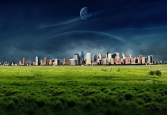 трава, город, небо, планета