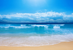 пляж, волны, песок, море, океан, пена, небо, облака, свет