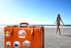 оранжевый, цвет, чемодан, путешествие, пляж, песок, горизонт, девушка, курорт