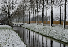 канал, деревья, снег, дом