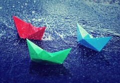 вода, бумажные, кораблики, капли, дождь, брызги