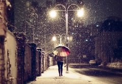 снег, зонт, вечер, фигура