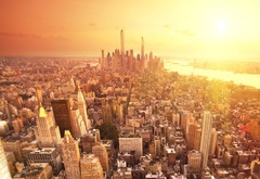 new york, city, sunset, skyscrapers