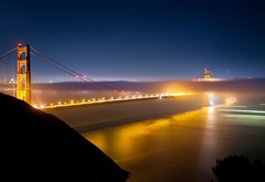 bridge, night, fog, lights