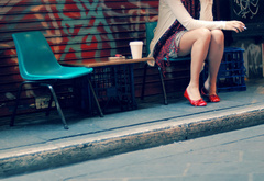 girl, smokes, in a street, sexy legs, red shoes