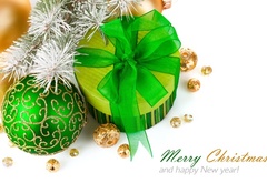 подарок, бант, зелёный, шар, с орнаментом, иней, на ветке, ёлки, happy new year