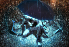 аниме, зонт, парень, дождь