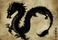 Черный, дракон, иероглифы
