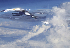 mass effect 3, normandy, нормандия, корабль, истребители, небо, облака