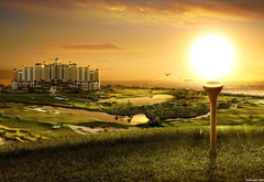 гольф, поле, солнце, город