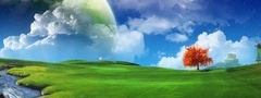aero, природа, трава, небо, ручей, поляна, зеленый, голубой, планета, дерев ...