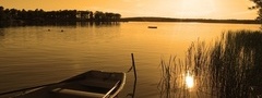 закат, озеро, лодка