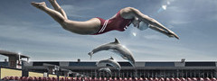 спорт, бассейн, девушка, дельфин, вода