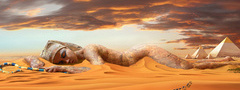 пустыня, песок, дюны, караван, верблюды, пирамиды, статуя