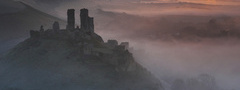 Англия, замок Корфе, развалины, крепость, туман, горы, солнце, восход