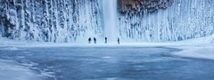 лед, водопад, скала, люди, снег, зима, веселье