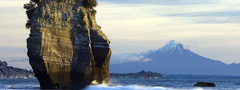 Новая Зеландия, Таранаки, море, пляж, скала, вулкан, небо