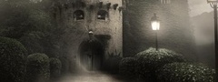 замок, фонари, туман, готика