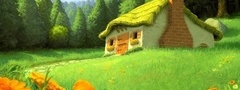 лес, домик, дом, поляна, камин, труба, дымок, лето, зелень, цветы, дорожка, ...