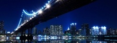 город, Нью-Йорк, мост, ночь, огни, вода