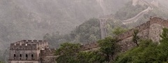 великая китайская стена, китай, башня, пейзаж, туман, облака, лес, зелень