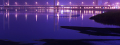 город, ночь, мост, река