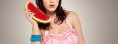 Katy Perry, волосы, глаза, арбуз, губы