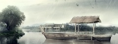 япония, природа, вода, дождь, лодка, причал, дом, дерево, остров, 3D