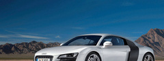 Audi, машина, r8, красивая, фары, горы, небо