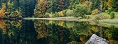 пейзаж, озеро, вода, отражение, лес, деревья, осень, берег, камень