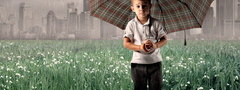 Дети, дождь, зонтик, трава